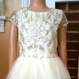 Rare Too Ivory Gold Beaded Dress 8 Formal Tulle with Cap Sleeves & Tan Sweater